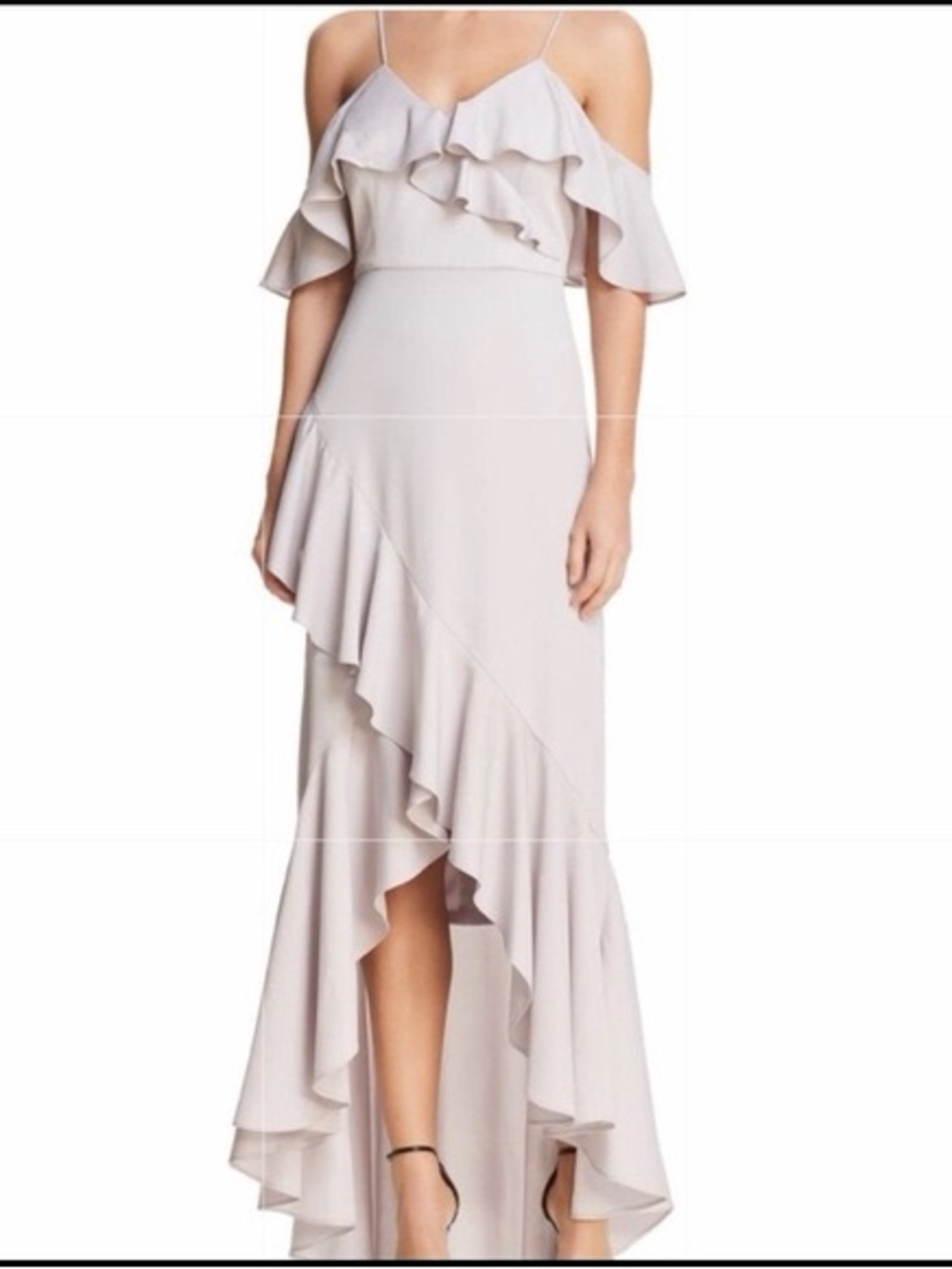 Cold-Shoulder Ruffle High-Low Maxi Dress in Light Blush